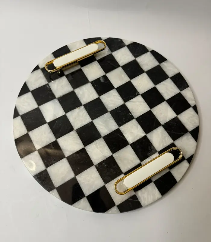 [VC-NUQ-NQMFLOG14] Round Checkered Serving Tray With White & Gold Handles.webp