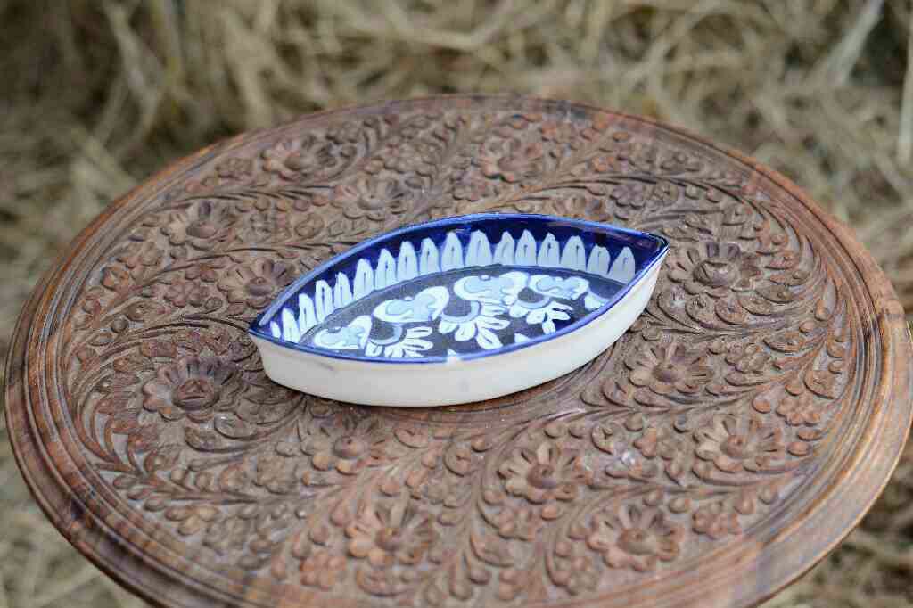 Blue Pottery Oval Shape Serving Dish