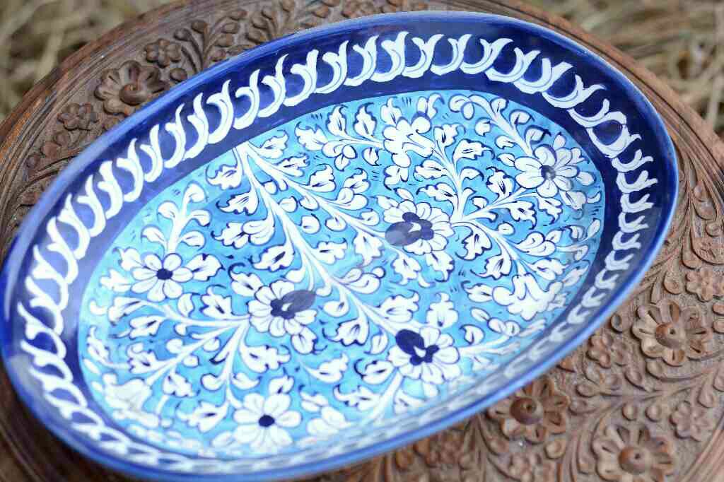 Blue Pottery Oval Shape Rice Tray