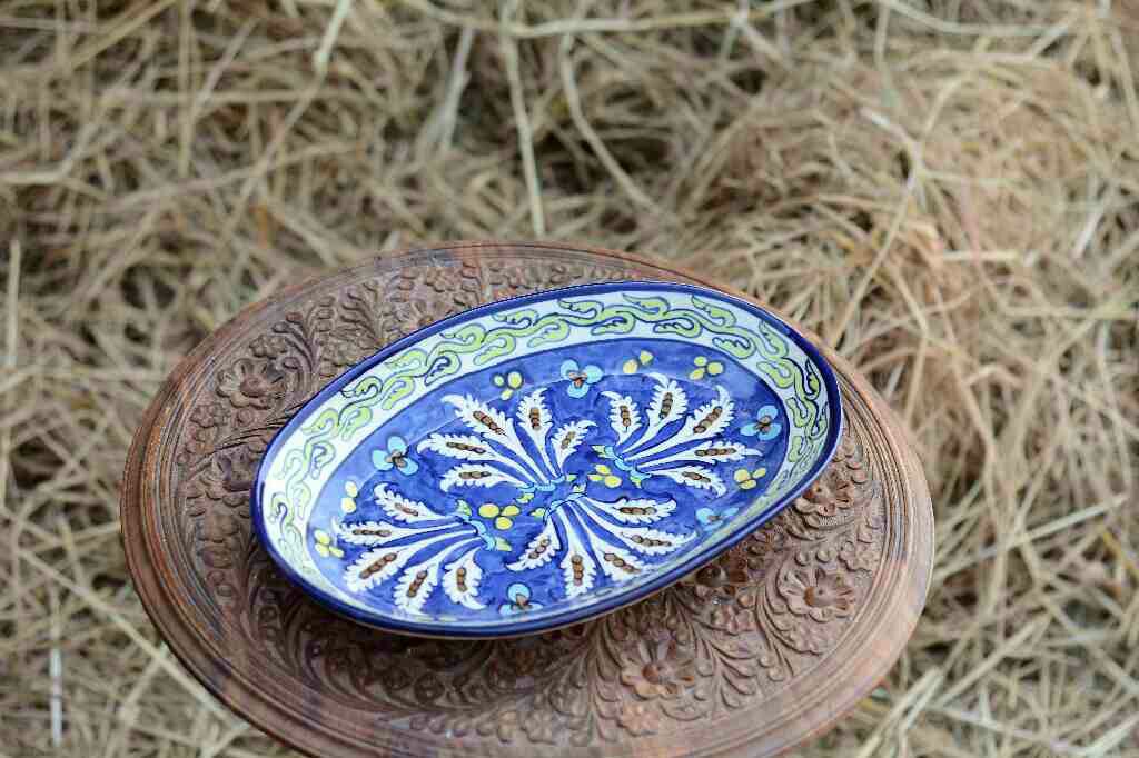 Blue Pottery Oval Shape Rice Tray