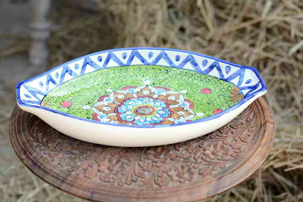Blue Pottery Oval Shape Rice Tray
