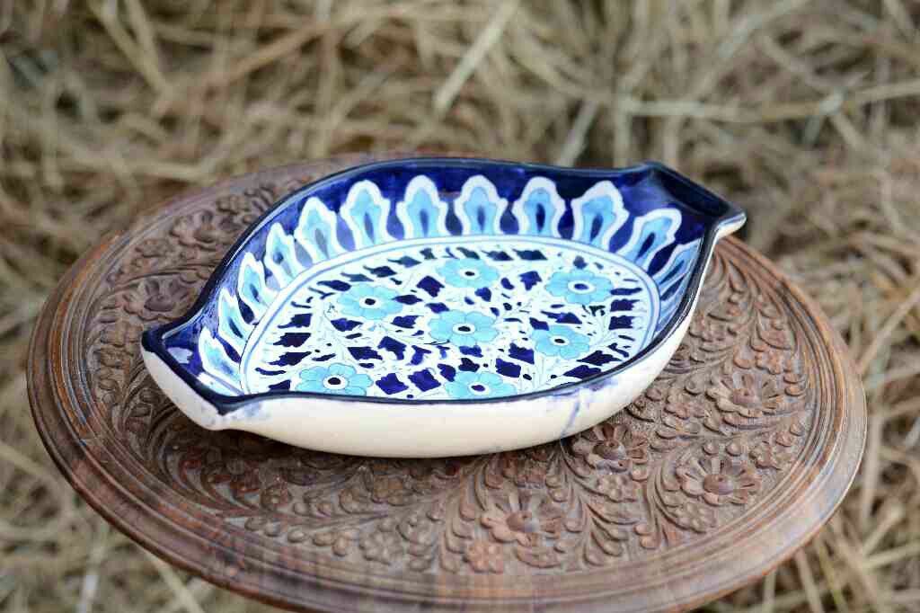 Blue Pottery Oval Shape Rice Tray