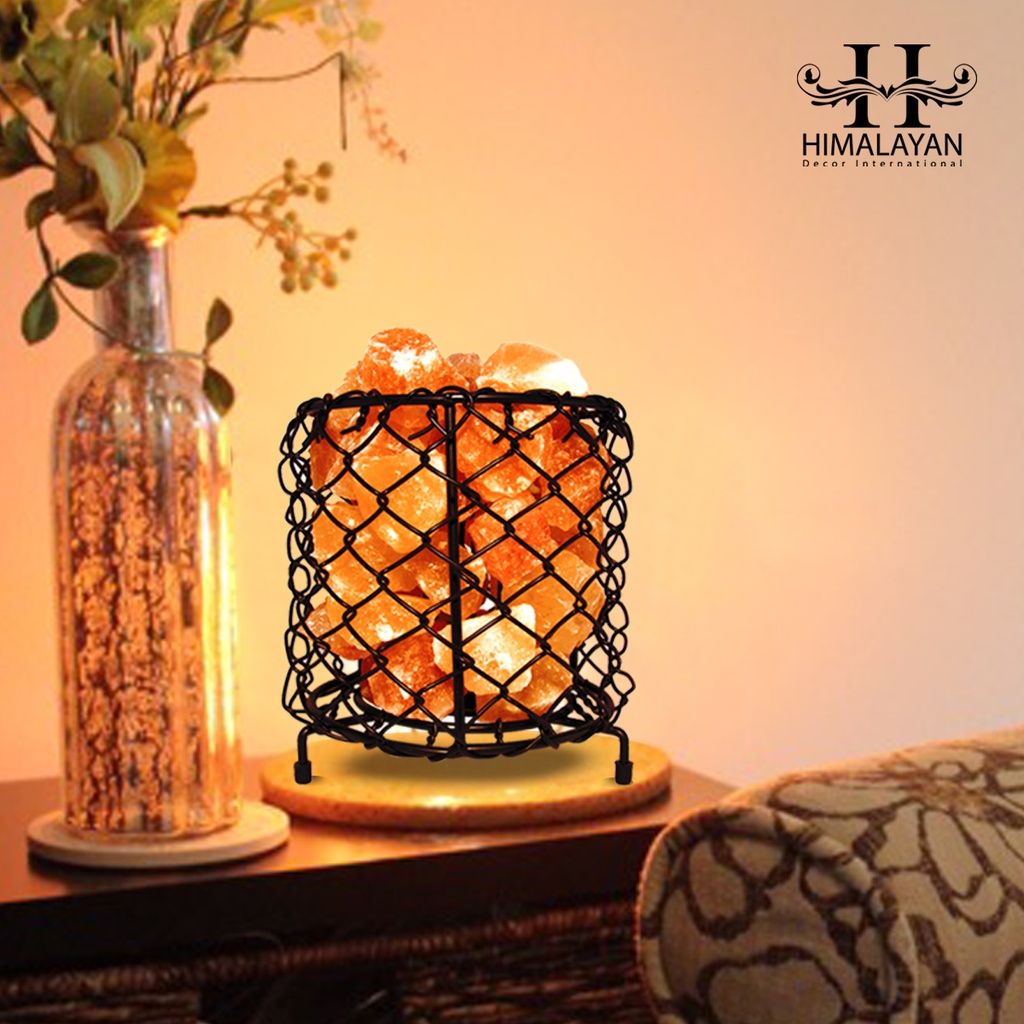 Himalayan Crystal Decor Metal Basket Salt Lamp in Cylinder Shape with Salt Chunks