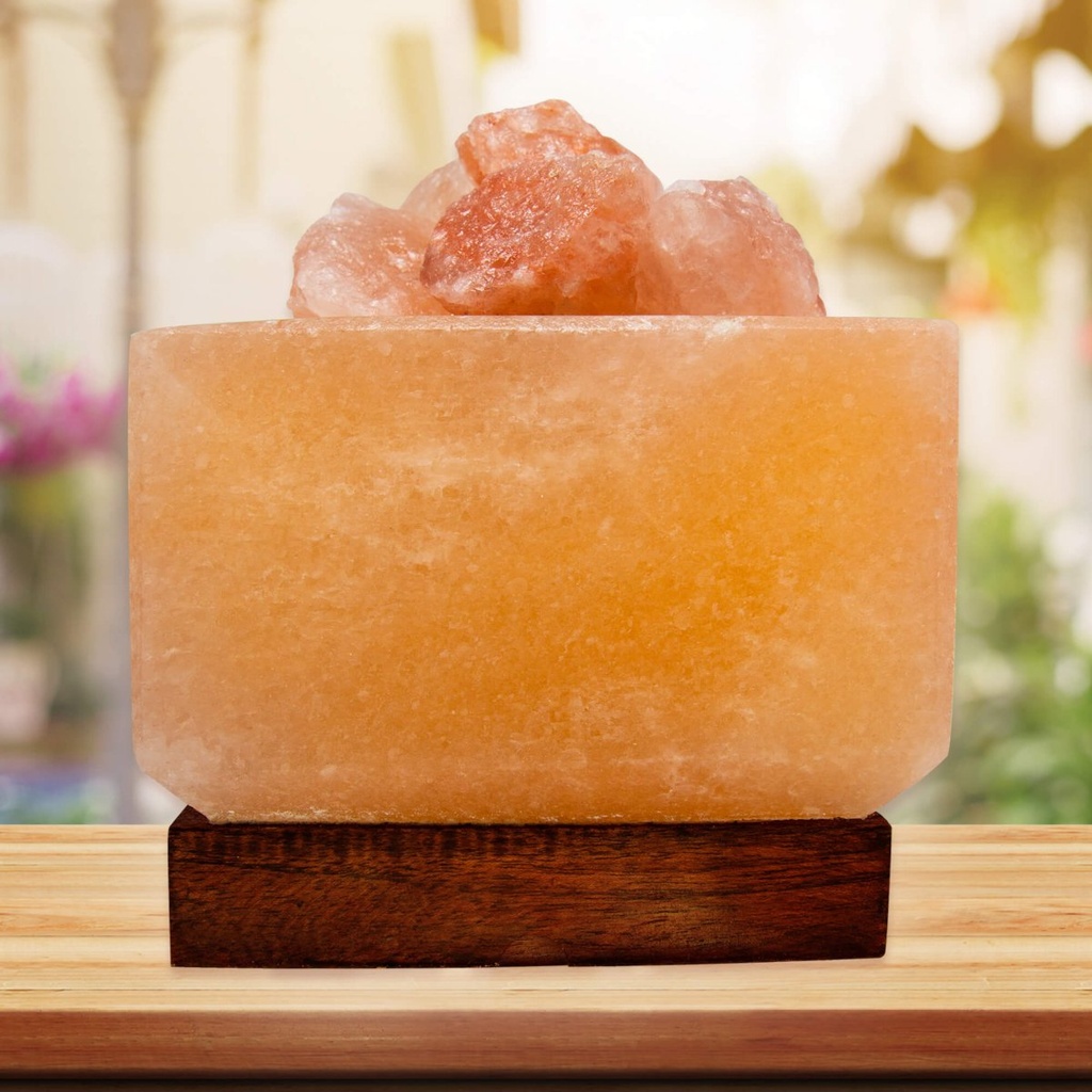 Cube Shape Fire Bowl Salt Lamp w Rock Salt Chunks