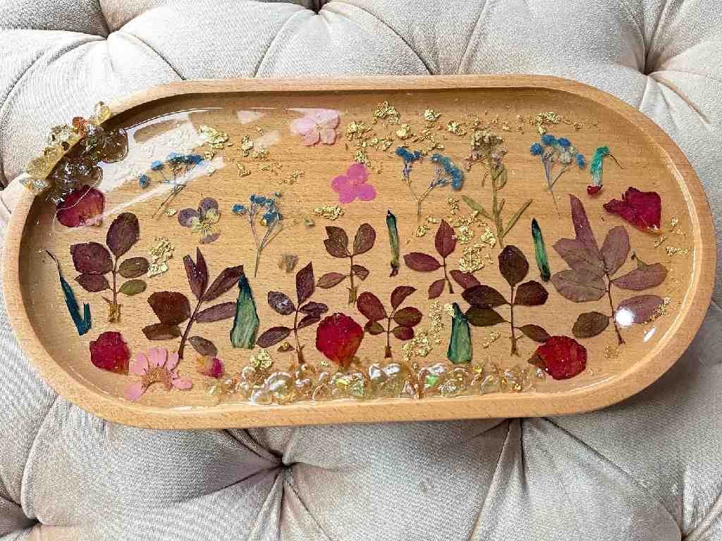 Beechwood Tray with Real Pressed Flowers ,Leaves  and Resin Coating