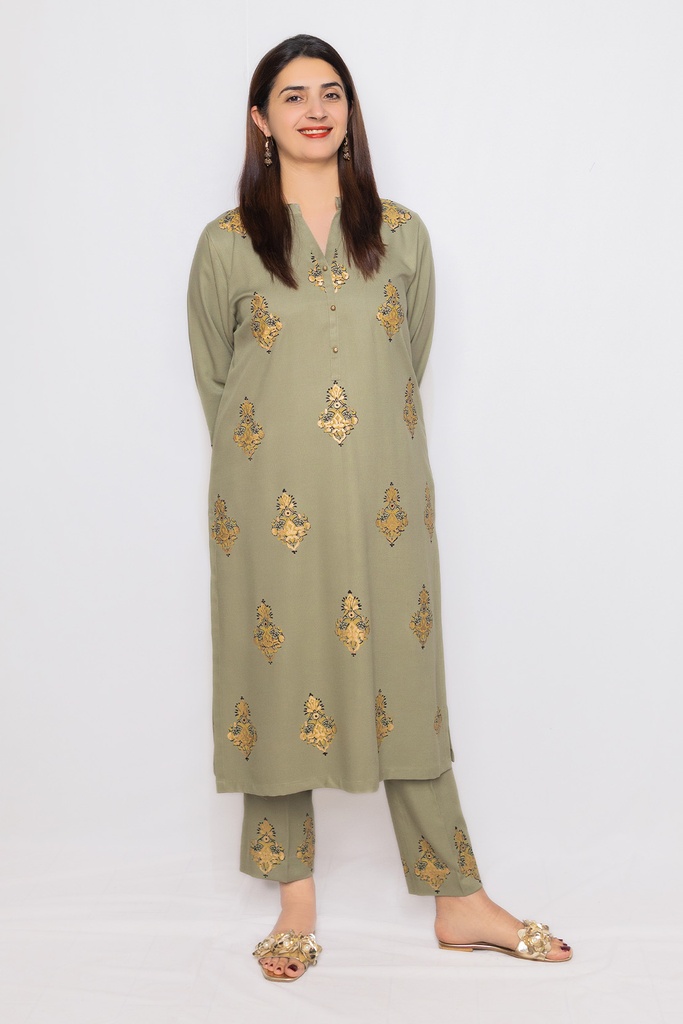 Olive And Golden Blockprint Suit