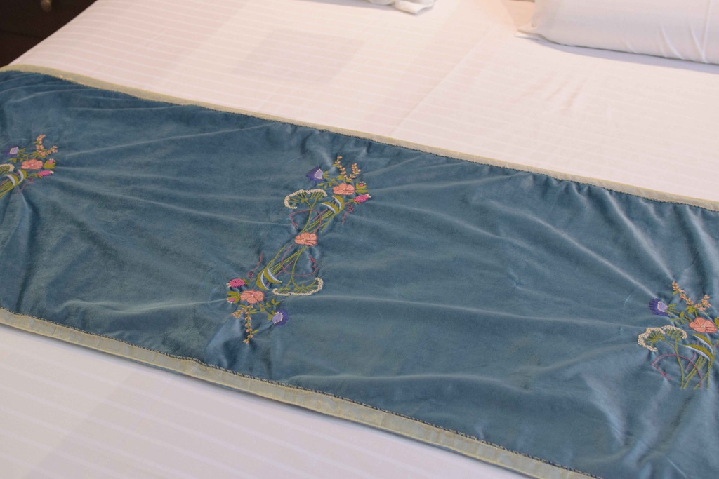 BT-1 Blue Velvet Hand Embroidered Bed Throw