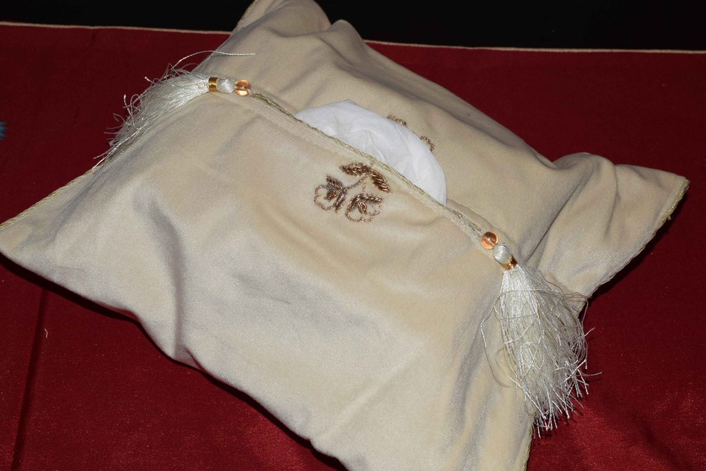 TB-13 Off White Velvet Tissue Box Cover with Dabka Work
