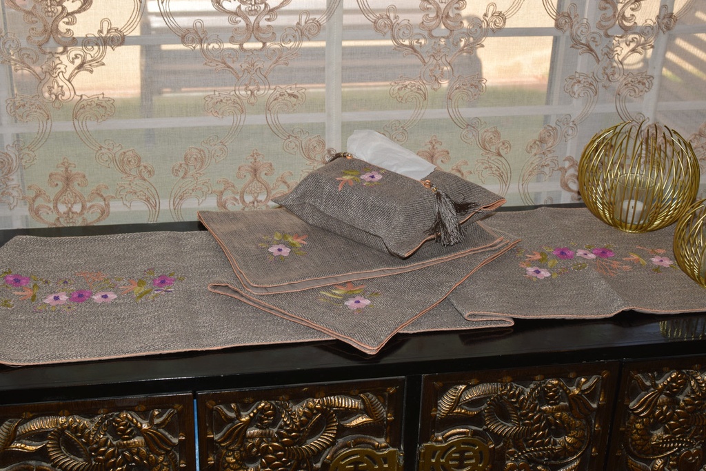 JS-11 Brown Jute Runner, Mats and Tissue Box Cover Set