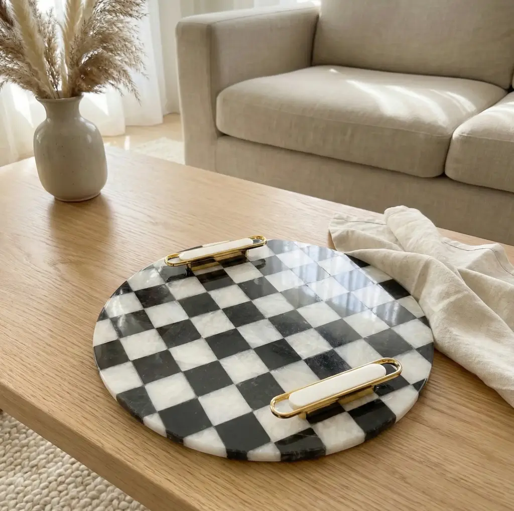 Round Checkered Serving Tray With White & Gold Handles