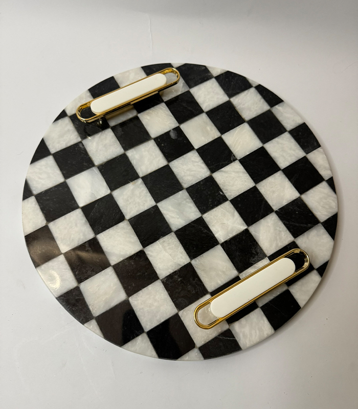 Round Checkered Serving Tray With White & Gold Handles