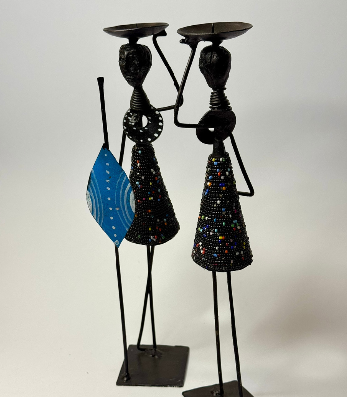 African Style Candle Holder – Women In Blue Beaded Dress