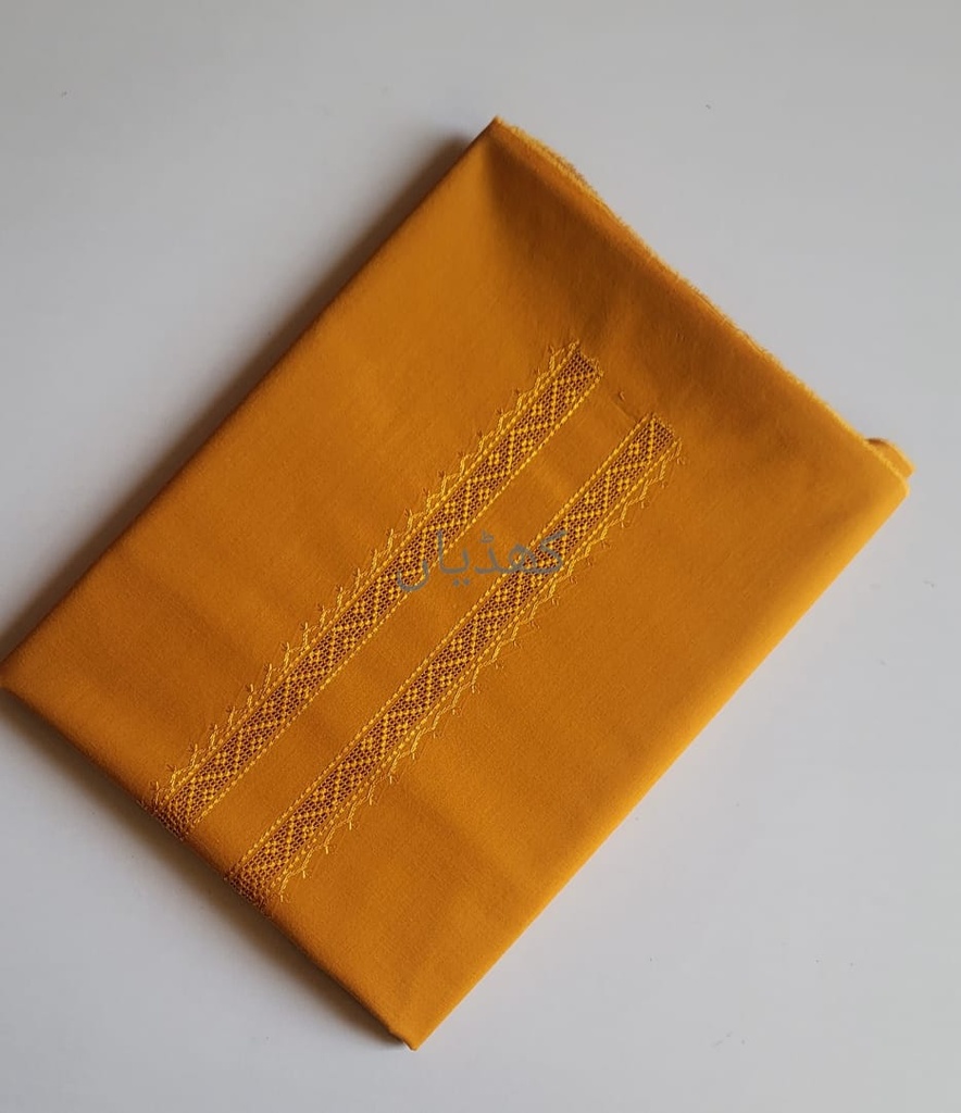 Mustard Kurta Hand-Embroidered Premium Cotton Fabric Tarkashi Neckline Unstitched