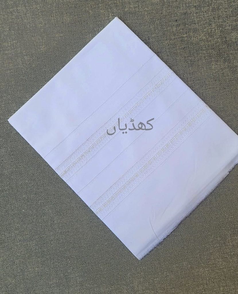White soft cotton fabric with hand-embroidered Tarkashi unstitched for shalwar, trouser, or lower
