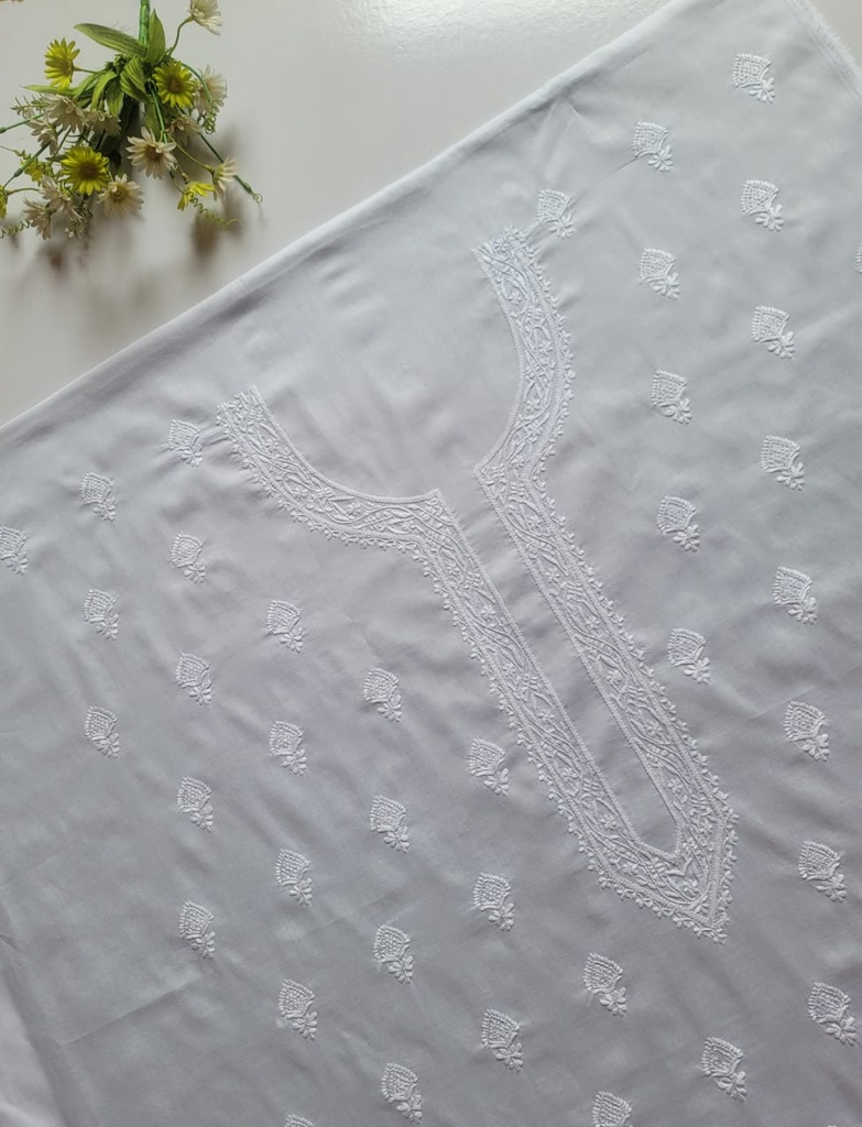 White Unstitched Hand-Embroidered Lawn Shirt – Dyeable, Front, Back & Sleeves Embroidery