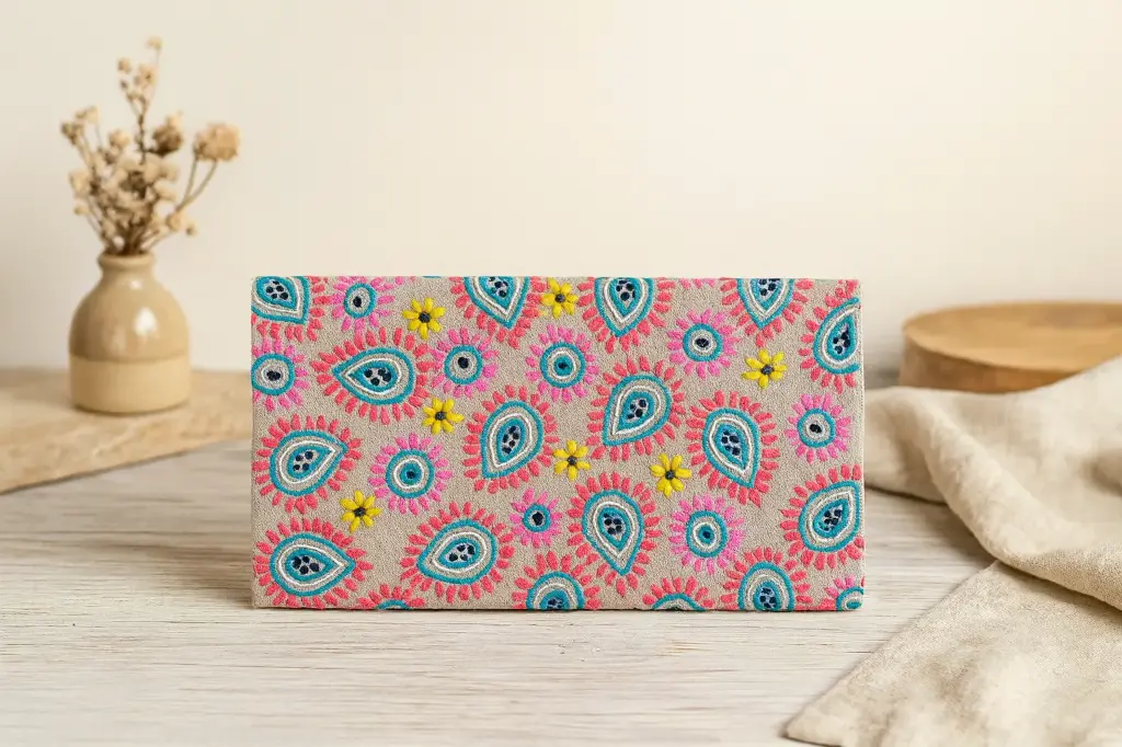 Dove Grey Wallet with Hand Embroidery – Limited Edition Compact Wallet for Cash, Cards & Phone