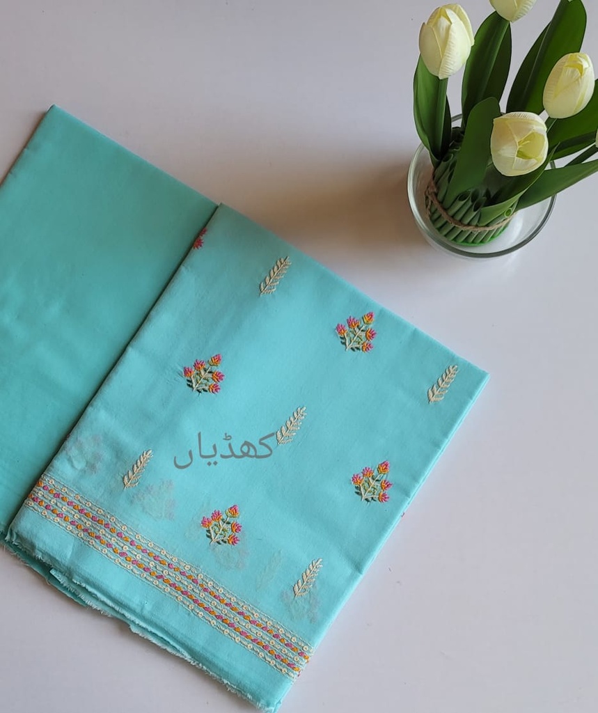 Turquoise Lawn 2-Piece Unstitched Suit – Hand Embroidered Shirt with Colorful Threadwork | Pure Lawn Fabric