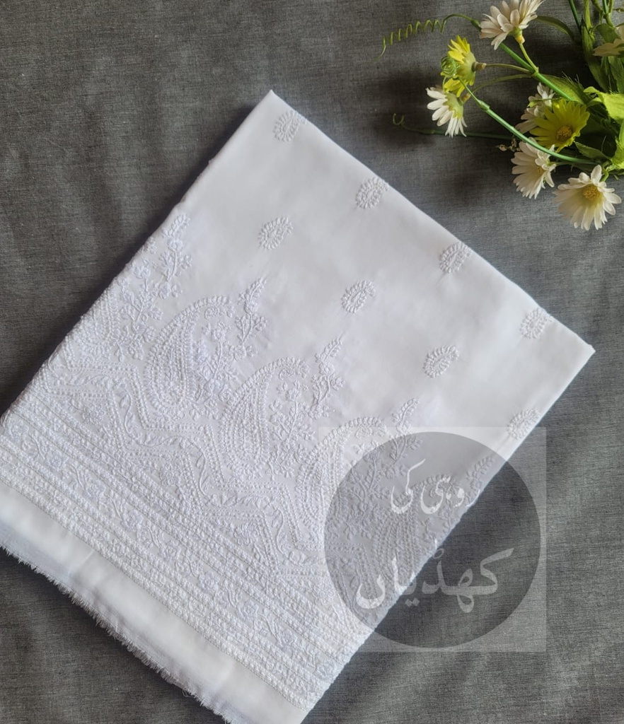 White Unstitched Hand-Embroidered Lawn Shirt – Dyeable, Front, Back & Sleeves Embroidery