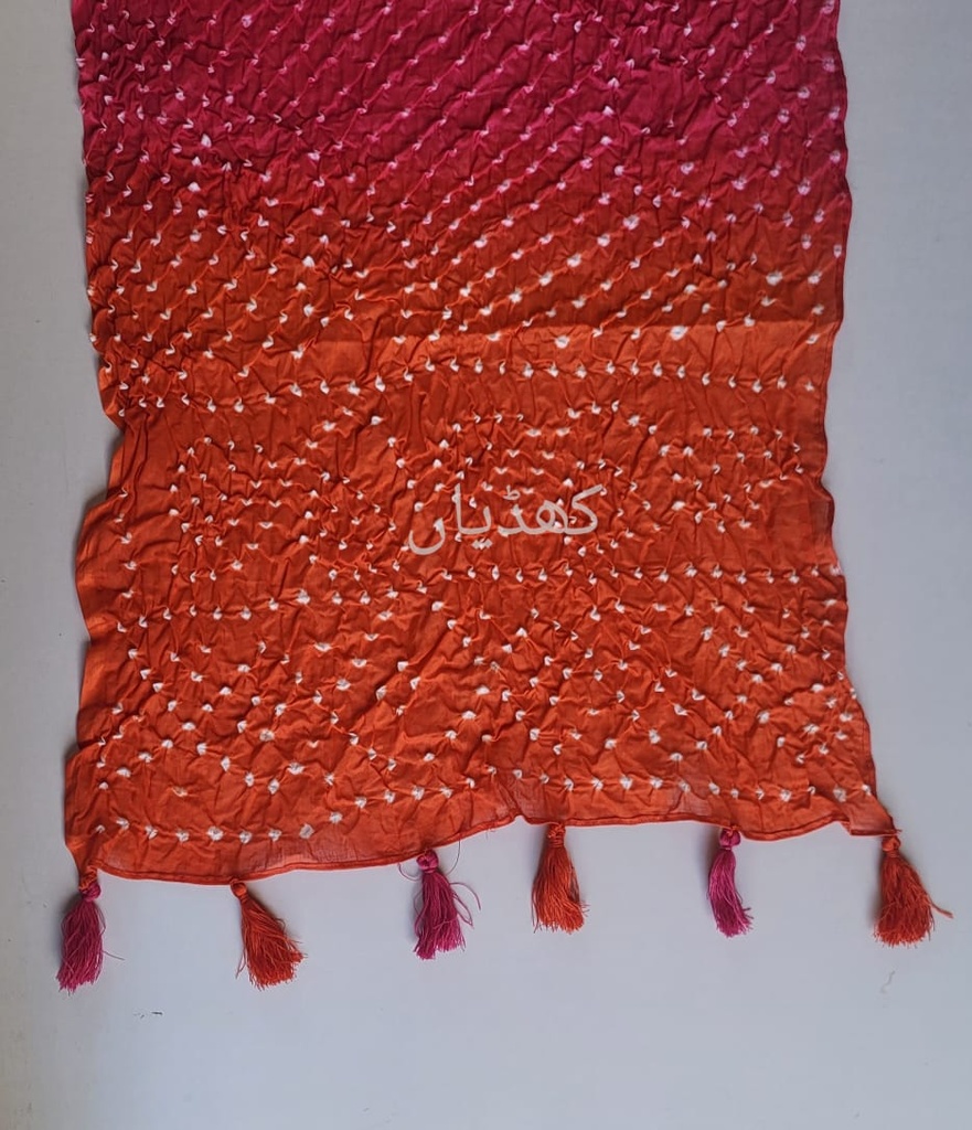 Hand Knotted Chunri Stole Shocking Pink and Orange Pure Lawn Grace