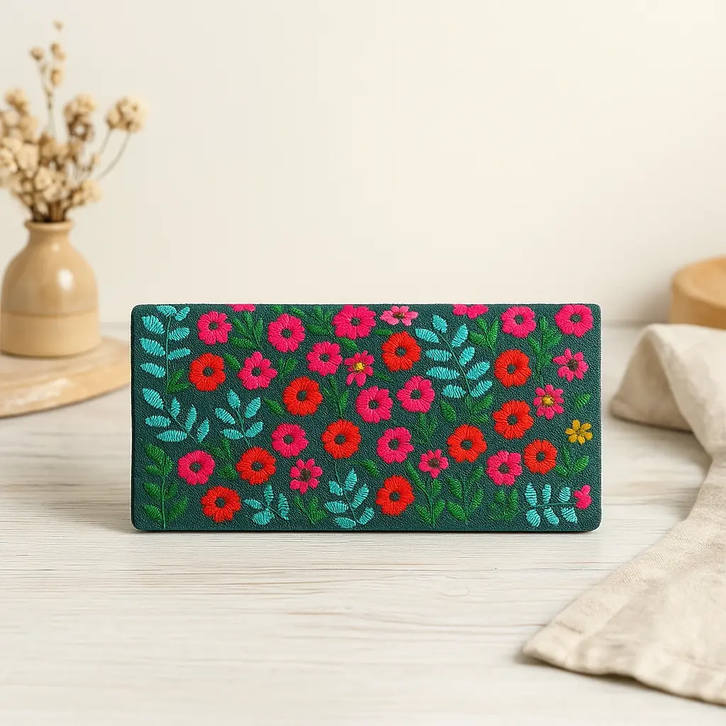 Vivid Viridian Wallet with Hand Embroidery – Limited Edition Compact Wallet for Cash, Cards & Phone