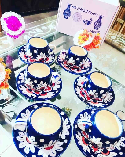 [PK6199-HM-TBW-021591] Blue Pottery Cups and Saucer