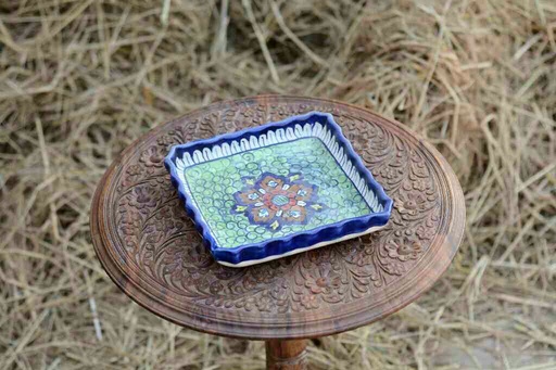 [PK0363-HM-TRY-026079] Blue Pottery Square Shape Serving Tray