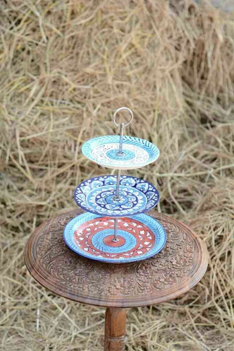 [PK0363-HM-TRY-026085] Blue Pottery Cup Cake Serving Tray