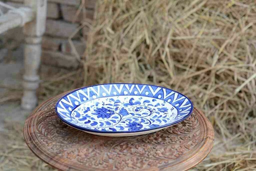[PK0363-HM-TRY-026110] Blue Pottery Oval Shape Rice Tray