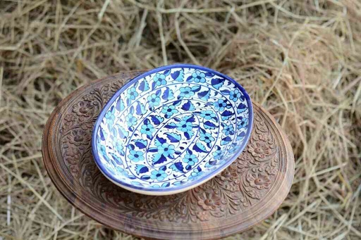 [PK0363-HM-TRY-026112] Blue Pottery Oval Shape Rice Tray
