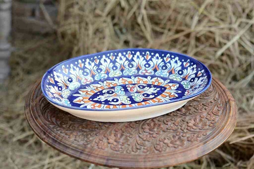 [PK0363-HM-TRY-026113] Blue Pottery Oval Shape Rice Tray
