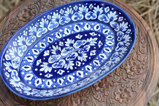 [PK0363-HM-TRY-026115] Blue Pottery Oval Shape Rice Tray