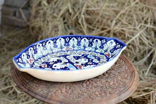 [PK0363-HM-TRY-026121] Blue Pottery Oval Shape Rice Tray