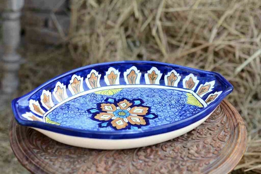 [PK0363-HM-TRY-026123] Blue Pottery Oval Shape Rice Tray