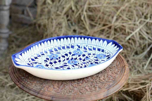 [PK0363-HM-TRY-026124] Blue Pottery Oval Shape Rice Tray