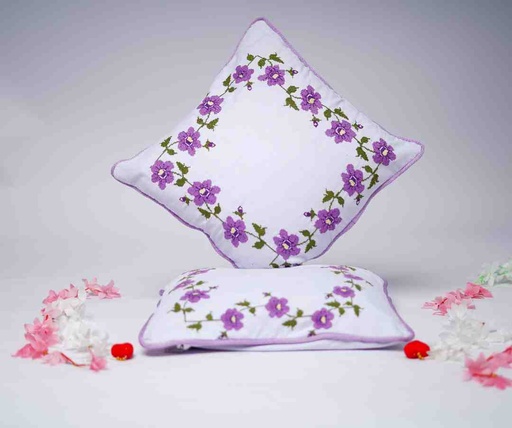[PK9024-HM-BDC-029519] Purple flowerpatter Crossstitched Cushioncover