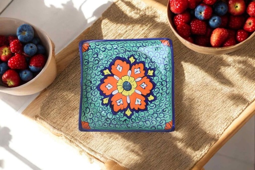 [PK9650-HM-BKT-030052] Blue Pottery Square Dish