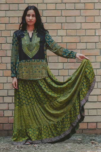 [10-SK-25] Green Ajrak Skirt