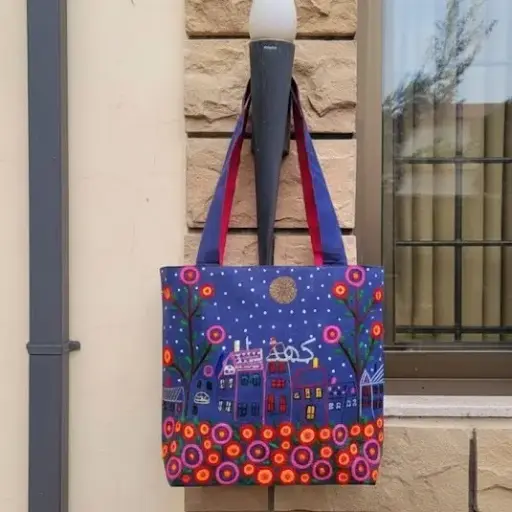 [VC-RK00068] Magical Midnight Cityscape Embroidered Tote Bag, Glowing Windows, Blooming Flowers – Pakistan | Limited Edition & Spacious