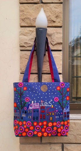 [VC-RK00068] Magical Midnight Cityscape Embroidered Tote Bag, Glowing Windows, Blooming Flowers – Pakistan | Limited Edition & Spacious